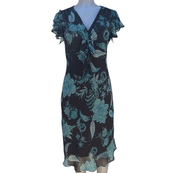 MSK Midi Dress Women's Sz 10 Brown Teal Floral Twist Front Ruffle Flutter Sleeve - Picture 1 of 16